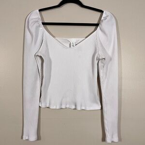 Women's White Ribbed Puff Long Sleeve Crop Cottagecore Peasant Trendy Y2K Large